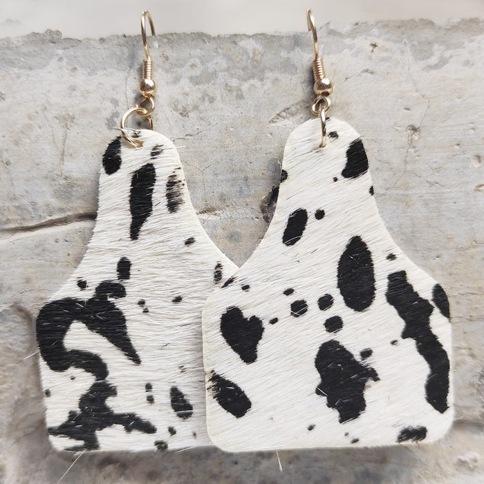 Long Hair Leather Southwestern Style Cow Tag Earrings with Western Cowboy Design