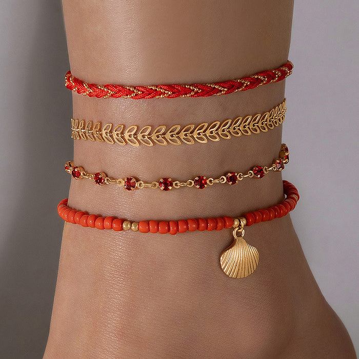 Bohemian Shell Tassel Beaded Anklet Set - Multilayer Leaf Jewelry