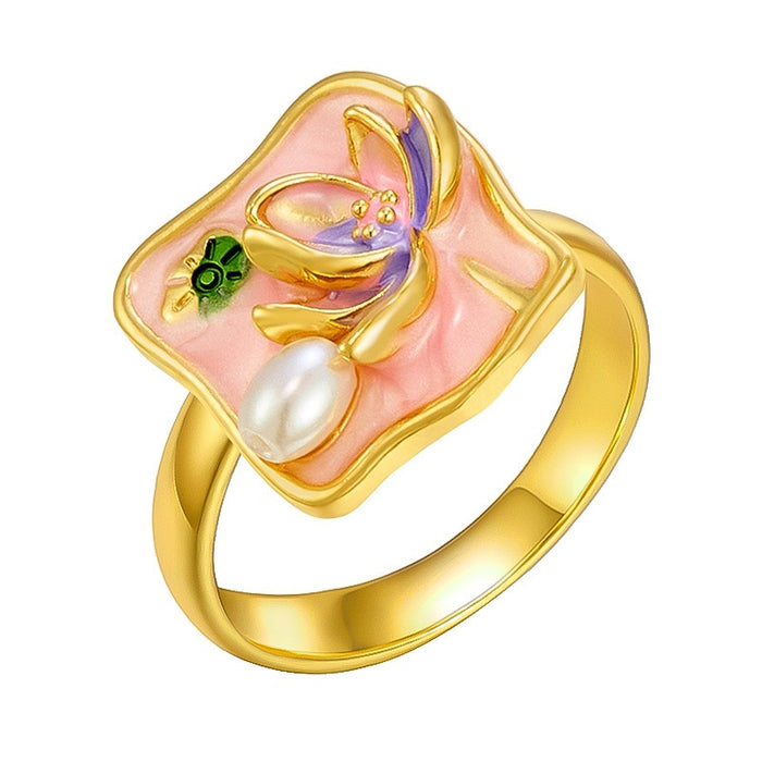 Wholesale copper micro-inlaid enamel painted drip flower open ring