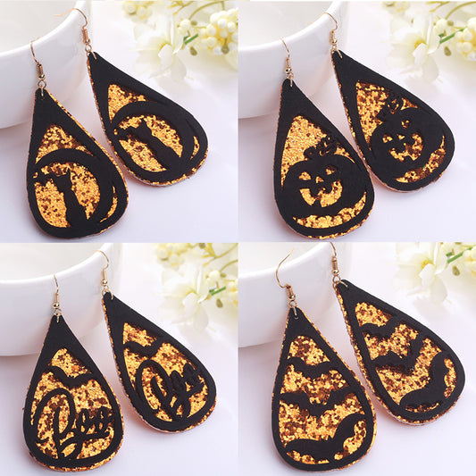 Velvet Glitter Halloween Earrings with Bat, Ghost, Cat, and Pumpkin Designs