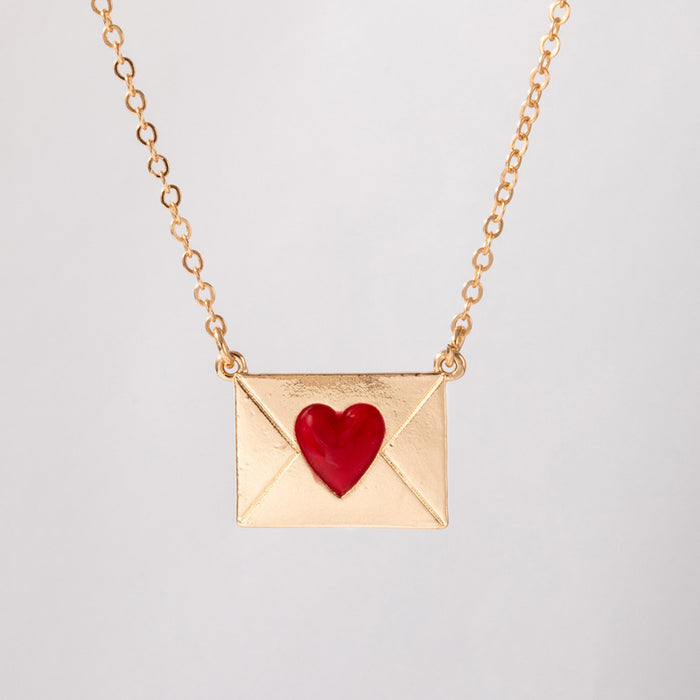 Red Heart Envelope Pendant Necklace with Geometric Love Design