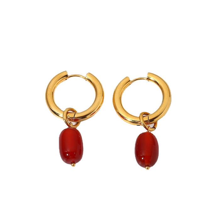 Trending Jewelry Double-Layer Gold Plated Red Stone Pendant Stainless Steel Earrings - Popular Design for Women