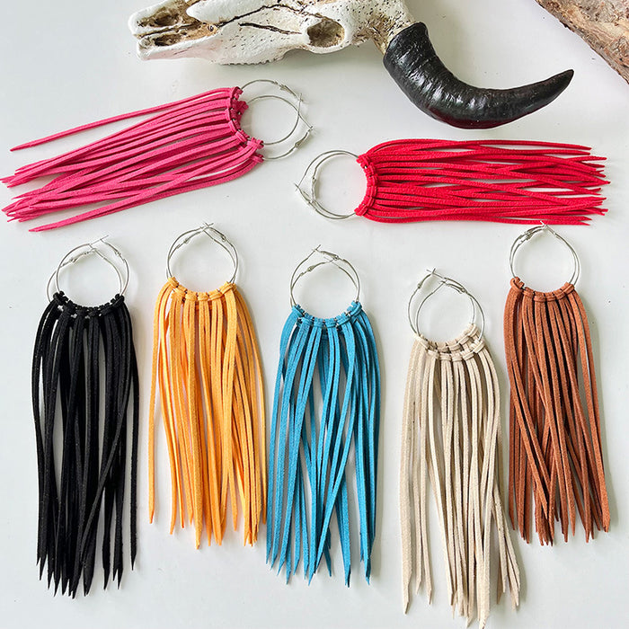 Bold Western Cowboy Tassel Hoop Earrings with Multi-Color Leather Design