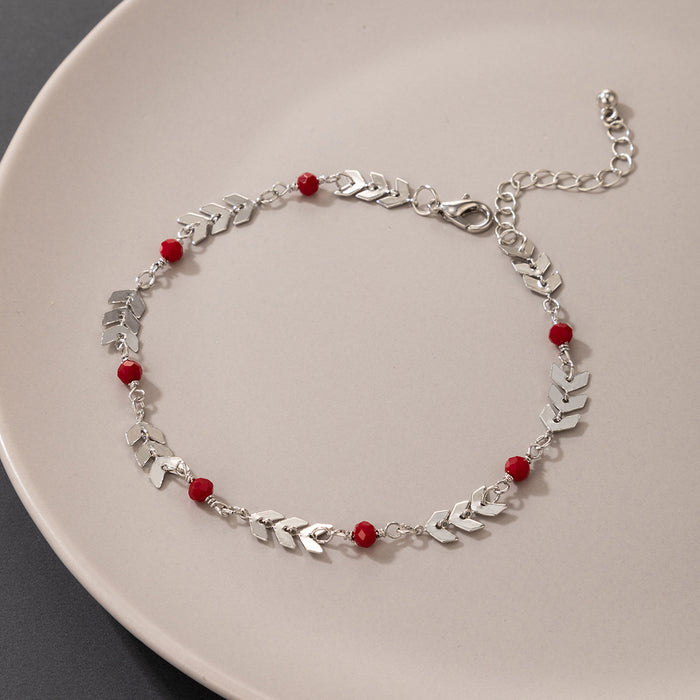 Simple Silver Airplane Chain with Red Seed Bead Single Layer Anklet