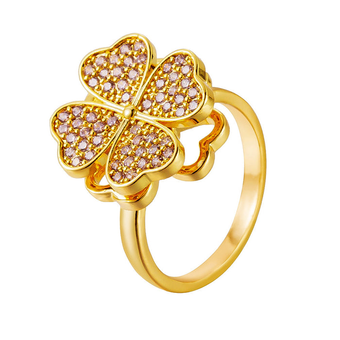Wholesale zircon four-leaf clover rotating open ring