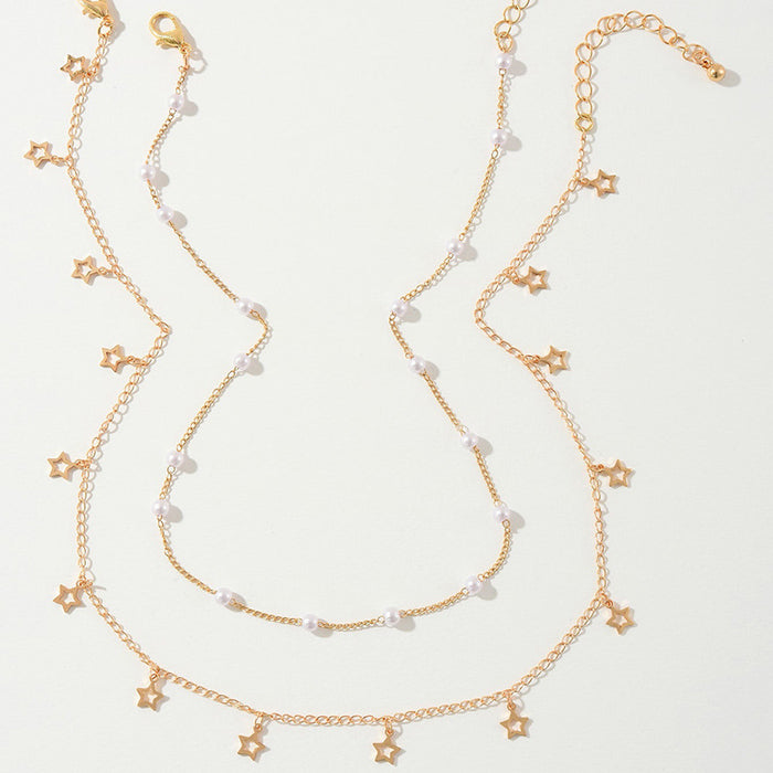 Double Layered Chain Necklace with Pearl and Star Pendants - Stylish Everyday Accessory