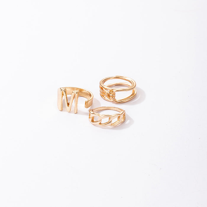 Simple letter M ring set, alloy hollow punk style three-piece set