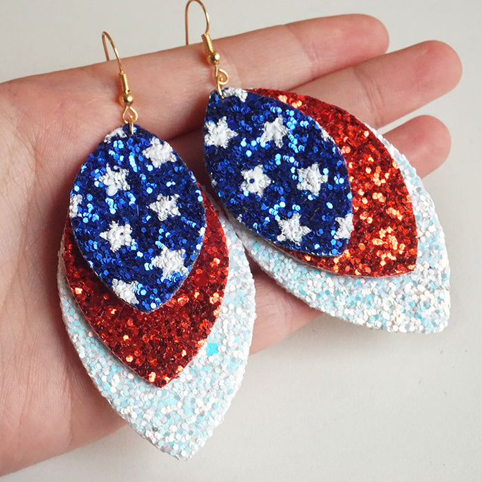 Independence Day American Flag Leather Earrings with Feather and Mesh Design