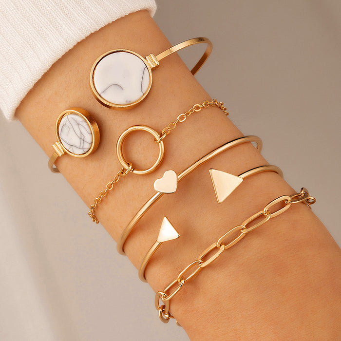 Marble Heart and Geometric Bracelet Set - Fashionable Multi-Layer Jewelry