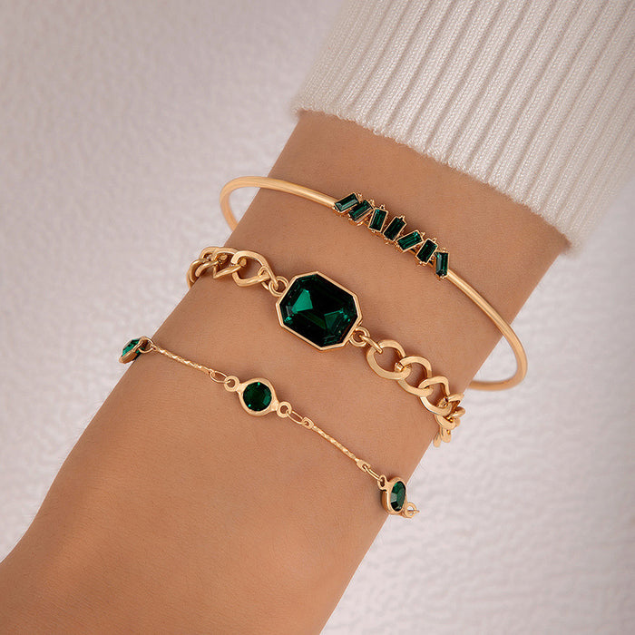 Emerald Three-Leaf Clover Bracelet Set - Green Rhinestone Hand Jewelry