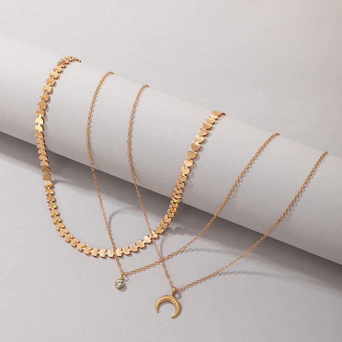 Triple Layered Moon Pendant Necklace - Gold Chain with Dainty Charms