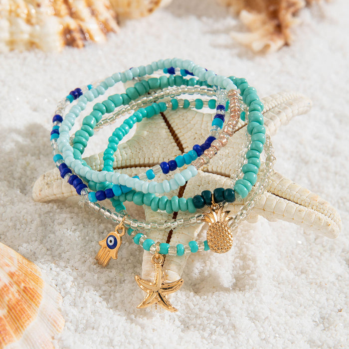 Bohemian Starfish Blue Beaded Bracelet Set - Creative Evil Eye Jewelry Five-Piece Set