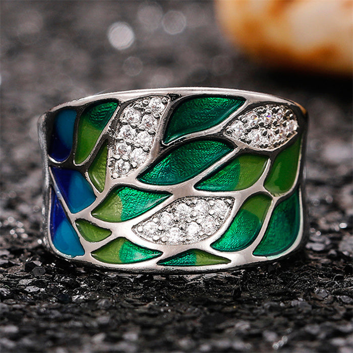 Imitation enamel dripping glue ring colorful leaf style European and American style ring jewelry