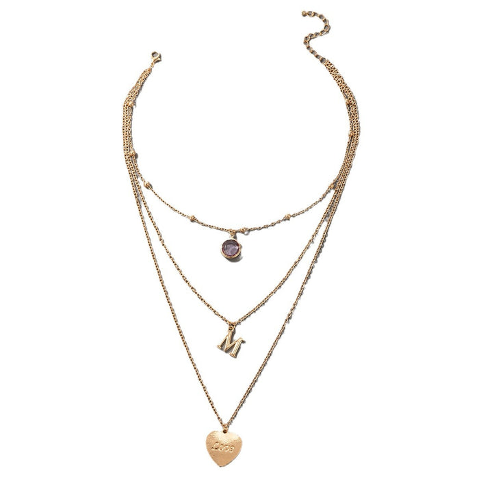 Letter Heart Three-Layer Necklace with Imitation Crystal Inlay Multi-Layer Design