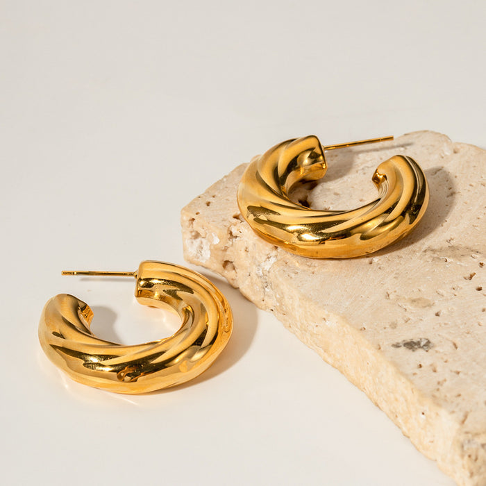 New Geometric Titanium Steel Earrings - 18K Gold Plated Stainless Steel Slanted Ribbed C-Shaped Earrings