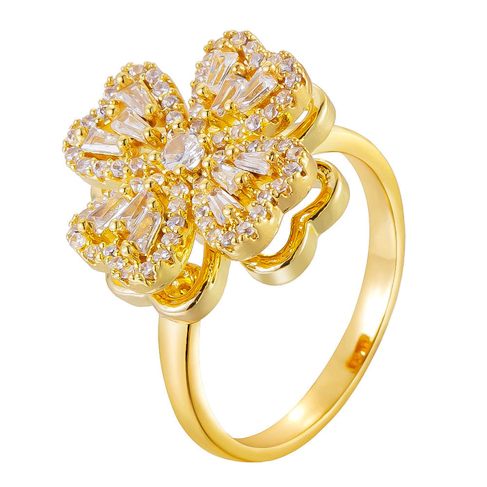 Wholesale copper micro-set zircon gold heart and four-leaf clover rotating open ring