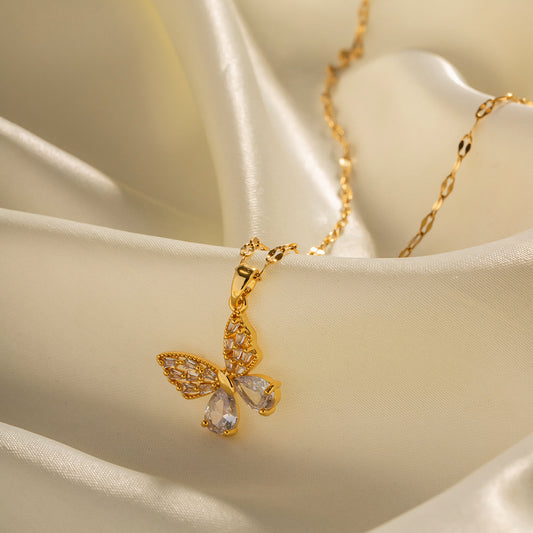 18K Gold-Plated Butterfly Pendant Necklace - Non-Fading Stainless Steel Zircon Jewelry for Women