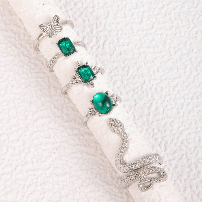 Green Diamond Butterfly Animal Snake Five-Piece Ring Set