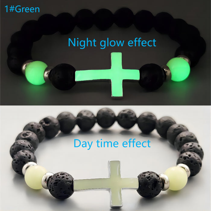 Wholesale Multi-colored Glow-in-the-Dark Volcanic Stone Bracelets with Cross Beads - wallojewerly 