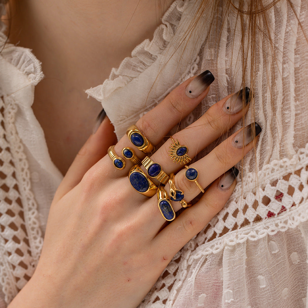 Vintage Palace Style Titanium Steel Ring with Lapis Lazuli Necklace - High-End Jewelry for Women