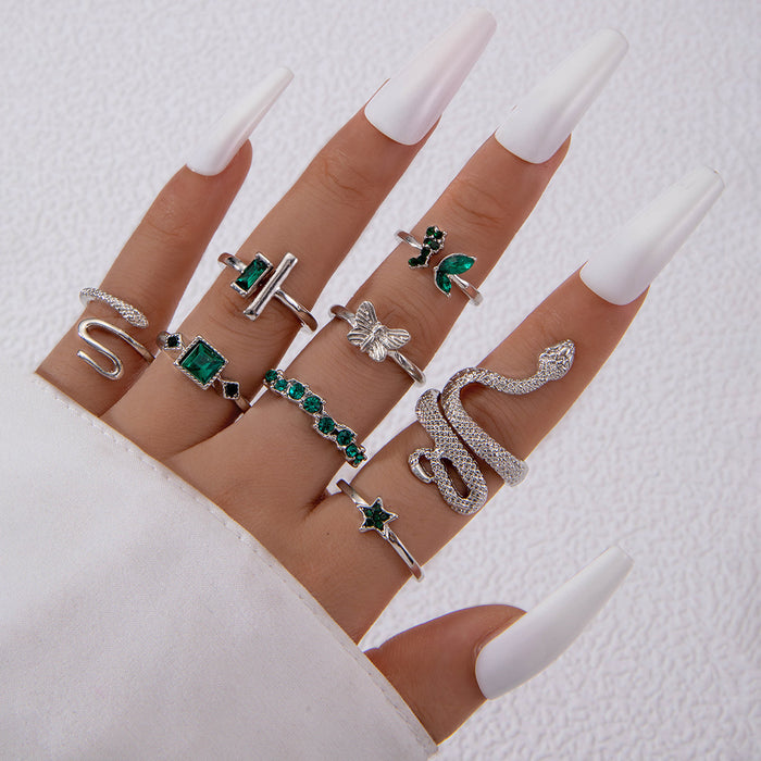 Green Gemstone Butterfly Open Ring Set - Snake Eight-Piece Set