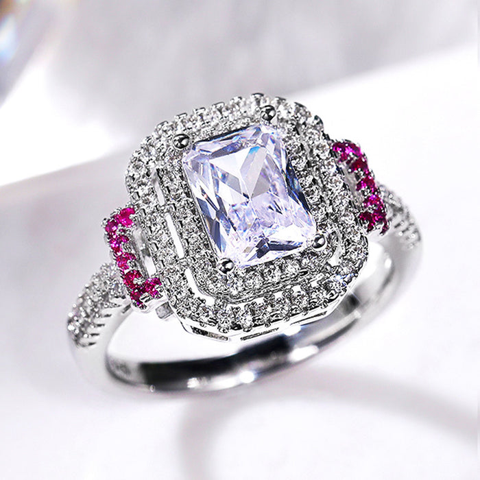 Pink diamond square princess ring European and American fashion engagement proposal