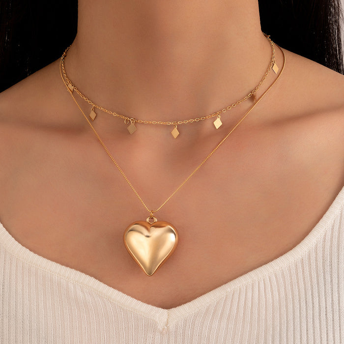 Alloy Heart Pendant Double-Layer Necklace - Geometric Rhombus Round Piece Multilayer Choker