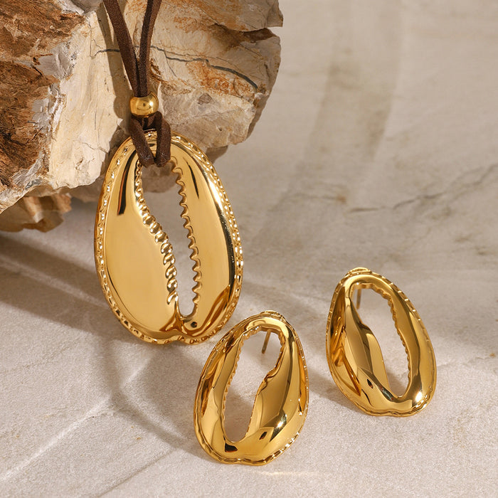 Summer 18K Gold-Plated Stainless Steel Large Smooth Shell Earrings - Unique Titanium Steel Necklace for Women