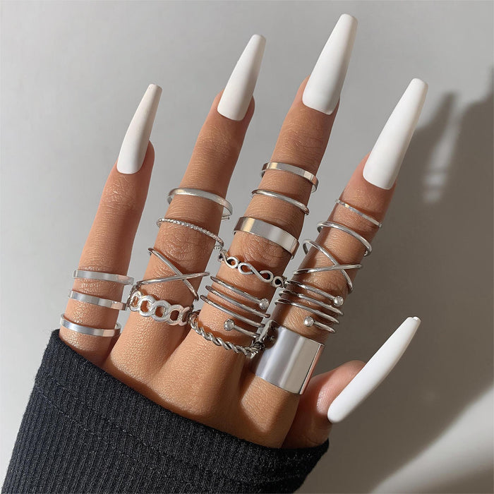 Retro Geometric Spiral and Gold Knuckle Ring Set - Eighteen-Piece Alloy Set