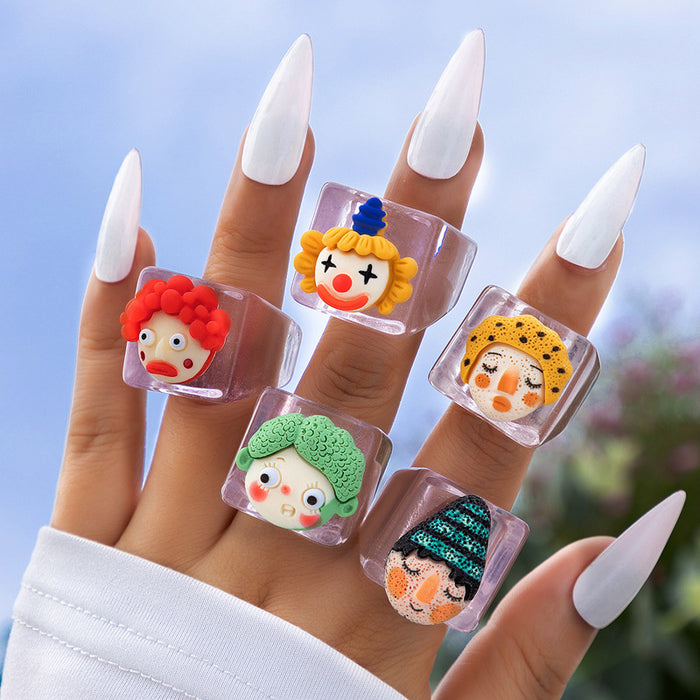 Colorful resin clown ring five-piece acrylic cartoon doll combination