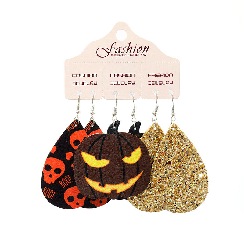 Halloween PU Leather Earring Set with Exaggerated Pumpkin and Alien Design - wallojewerly 