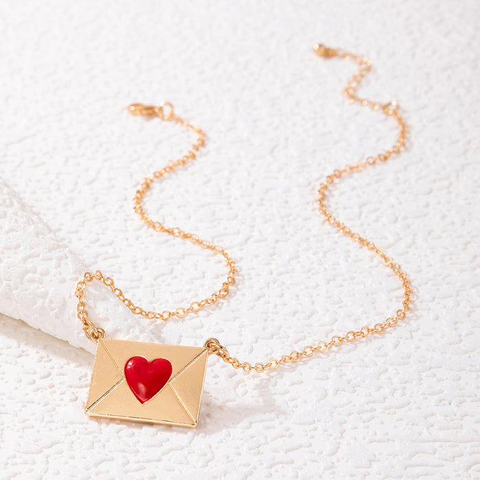 Red Heart Envelope Pendant Necklace with Geometric Love Design