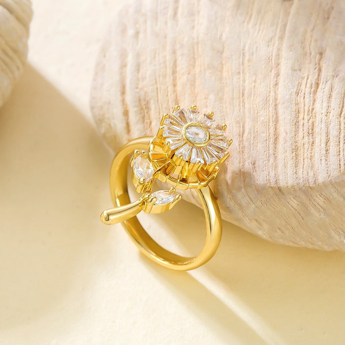 Wholesale diamond-encrusted sunflower and lucky clover rotating open rings