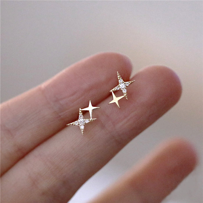 Star earrings with diamonds, four-pointed star design earrings