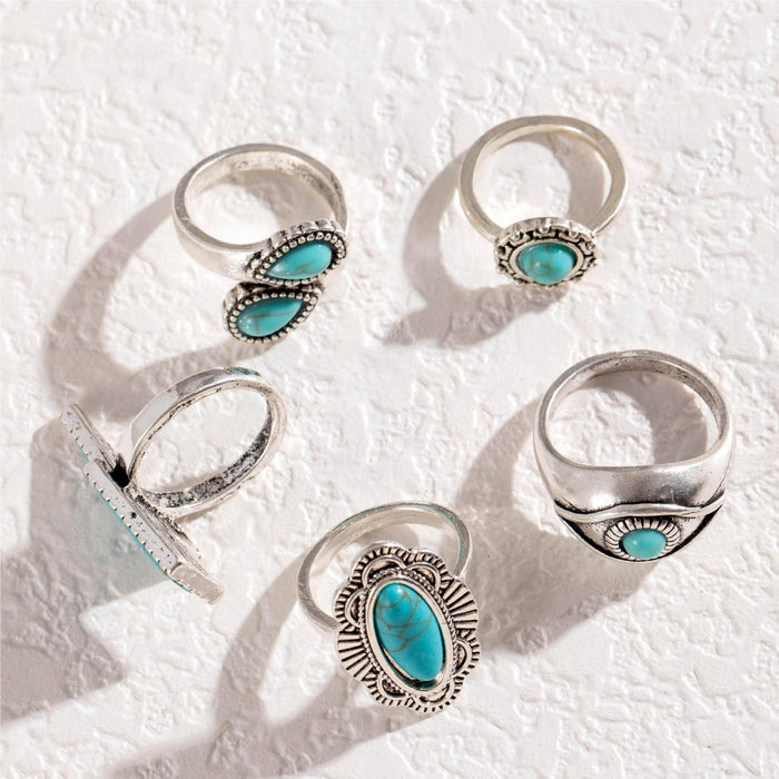 Bohemian Turquoise Lightning Ring Set - 5-Piece Vintage Eye Rings