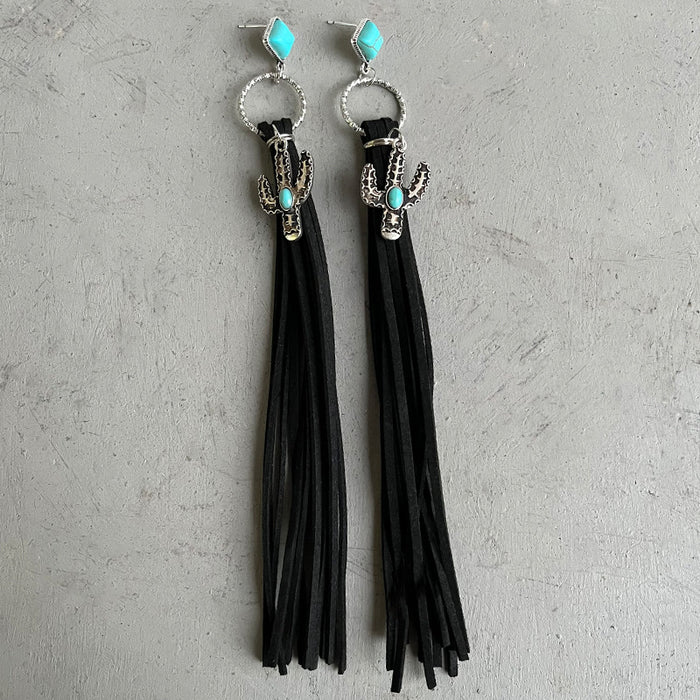 Pendientes creativos largos con borlas de cuero turquesa y cactus