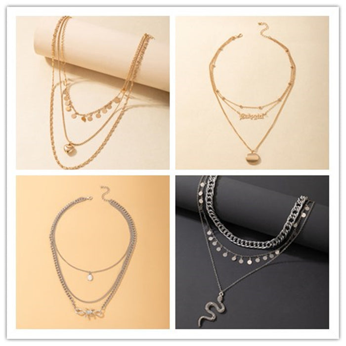 Irregular Geometric Round Disc Letter Heart Animal Snake Pendant Three-Layer Necklace