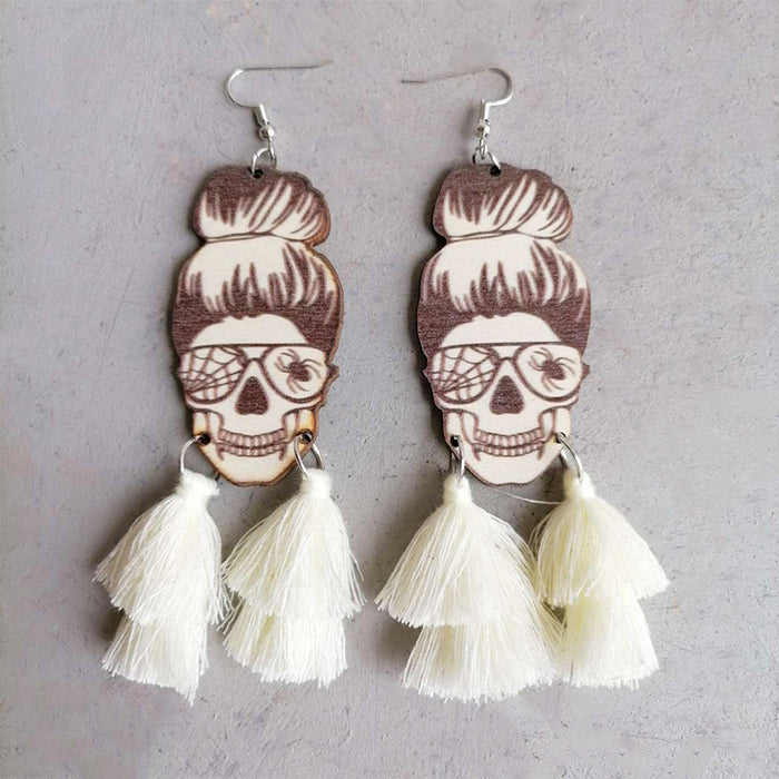 Halloween Tassel Earrings with Wooden Skull and Spider Design