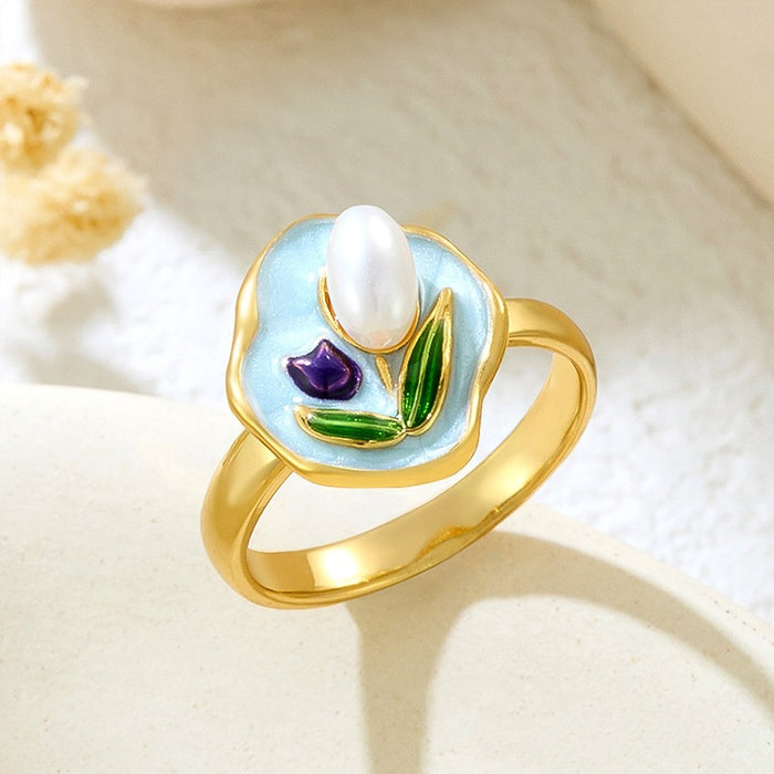 Wholesale copper micro-inlaid enamel painted drip flower open ring