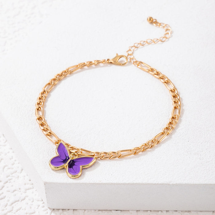 Purple Butterfly Enamel Anklet with Geometric Animal Chain Design