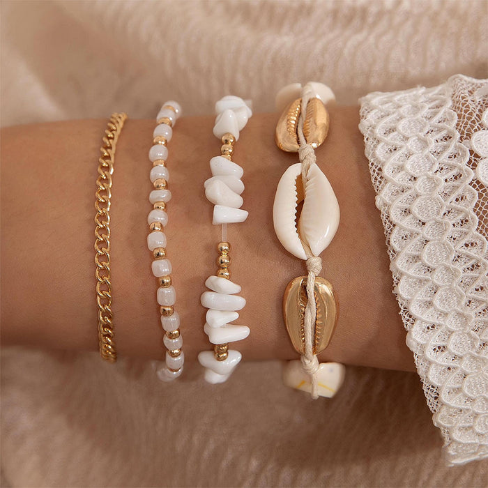 Bohemian Shell Bracelet Set - White Seed Beaded Woven Jewelry for Women