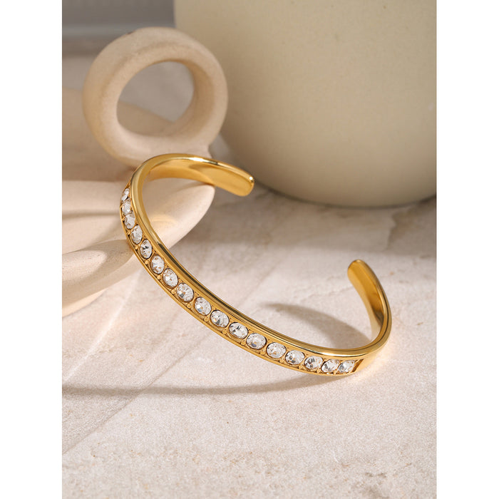 18K Gold Plated Stainless Steel White Zircon Open Cuff Bracelet - Summer Vacation Jewelry