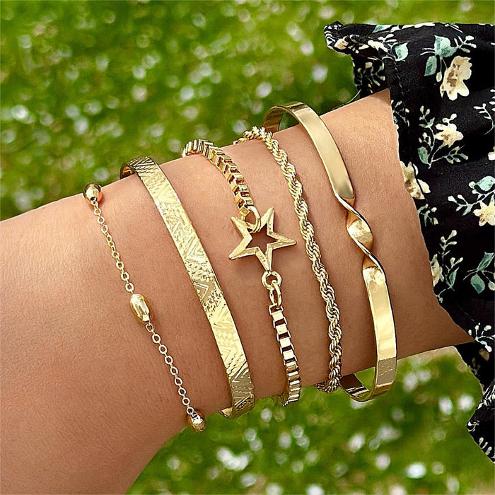 Luxe Gold Plated Bracelet with Star Charm and Braided Design - Five Pieces