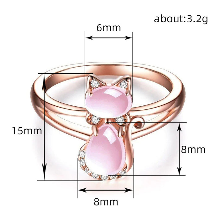 Anillo de cristal rosa con diseño de rosa de gato lindo japonés y coreano