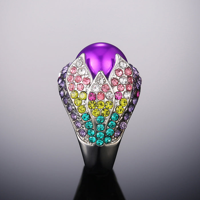 Retro exaggerated petal ring alloy colored diamond inlaid ring