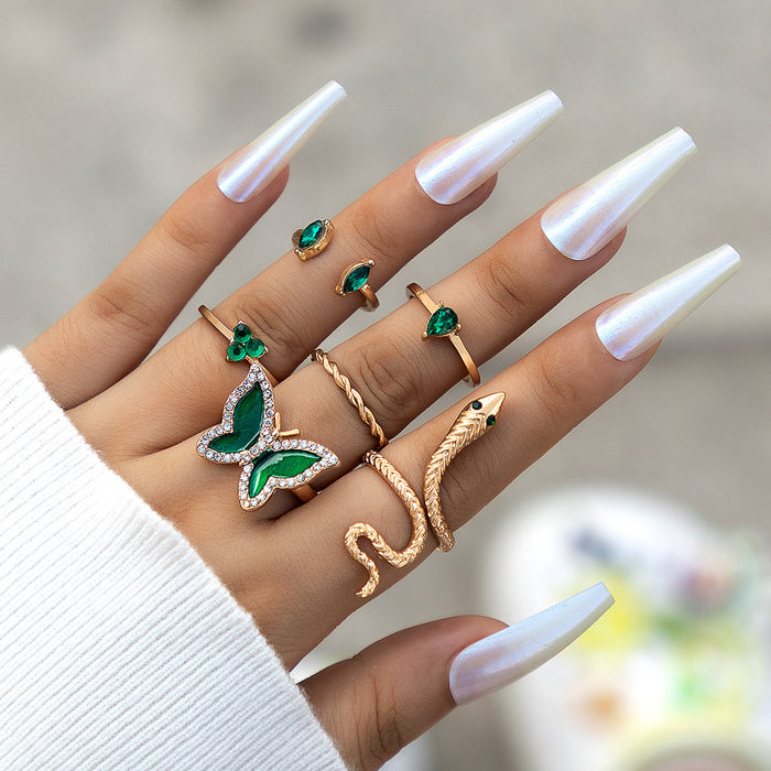 Green Snake and Butterfly Ring Set - 8-Piece Star Rings for Women