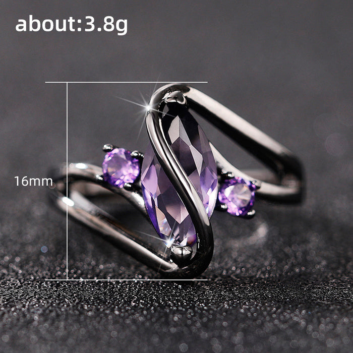 Horse eye ring electroplated gun black purple zircon ring