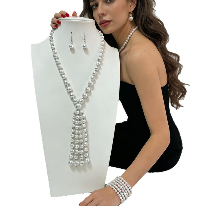 Wholesale glass pearl tassel necklace, bracelet, and earring sets - wallojewerly 