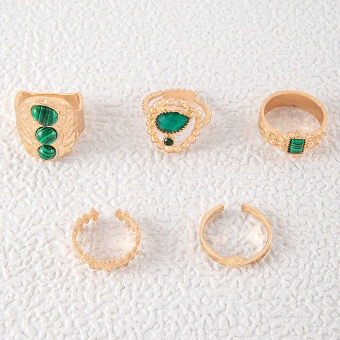 Vintage Emerald Gemstone Ring Set - 5pcs Unique Open Rings