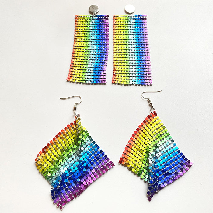 Rainbow Color Metal Mesh Aluminum Earrings with Exaggerated Nightclub Style